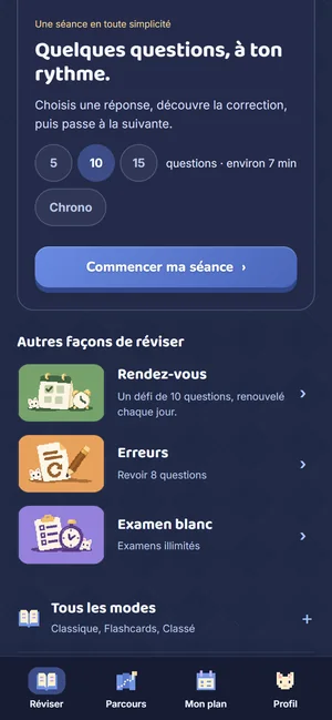L’accueil d’un programme avec Plus : Erreurs, revoir 8 questions ; Examen blanc, examens illimités.