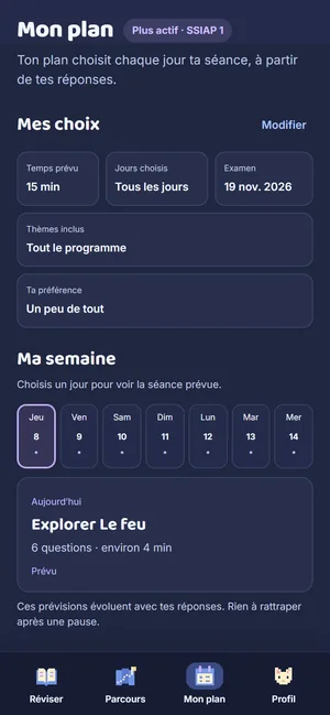 Mon plan : la date d’examen, la semaine jour par jour et la séance prévue aujourd’hui.